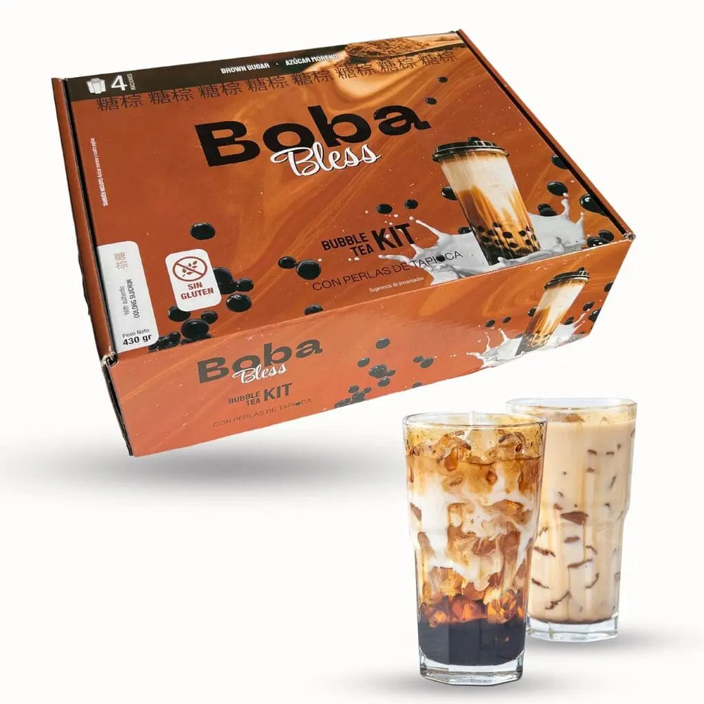 Kit Boba Bless, Bubble Tea Instantaneo, caja cerrada con dos vasos de Boba preparado.